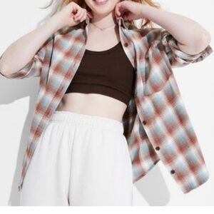 Wild Fable Flannel Shirt Button Down Pockets Oversized Brown Blue Plaid M
